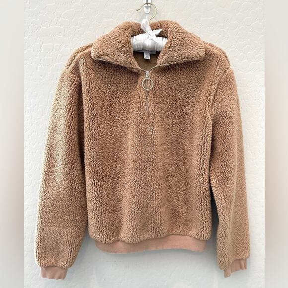 TOPSHOP | Camel Brown Cozy Fleece Teddy Pullover Jacket | Size 4 - Picture 1 of 6